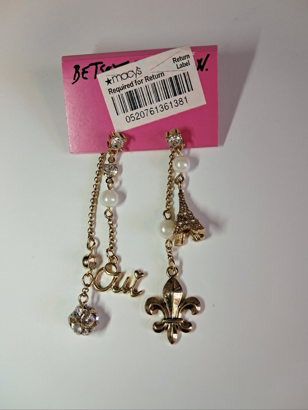 New Betsey Johnson Gold and Pearl Charm - Mismatch Paris Tower Earrings RARE